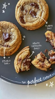 chocolate chip cookies are arranged on a plate with the words perfect cookie written above them