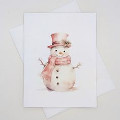 a watercolor painting of a snowman wearing a pink hat and scarf