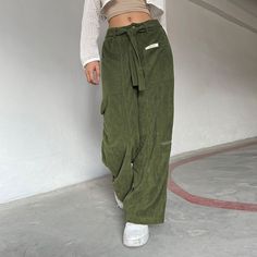 Vintage Corduroy Pants Aesthetic Women Low Waist Belted Straight Legs Trousers with Pockets Harajuku Sweatpants Green Baggy Y2k Cargo Pants, Green Y2k Style Baggy Cargo Pants, Y2k Style Khaki Bottoms For Spring, Y2k Style Green Pants For Fall, Y2k Green Pants For Fall, Spring Y2k Khaki Bottoms, Green Y2k Pants For Fall, Khaki High Waist Y2k Bottoms, Y2k High Waist Khaki Bottoms