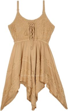 This intricately embroidered sleeveless dress evokes vintage western boho glamour.  Made from panels of textured rayon with embroidery all over, the corset-style top features adjustable straps and lacing to customize the fit. #tlb #Embroidered #bohemianfashion #Beigefairyshortdress Spring Beige Sleeveless Corset Dress, Bohemian Dress With Lace Patchwork And Spaghetti Straps, Bohemian Spaghetti-strap Dress With Lace Patchwork, Spring Sleeveless Corset Dress With Lace Patchwork, Sleeveless Corset Dress With Lace-up Back, Bohemian Corset Dress For Spring, Bohemian Fitted Corset Dress, Spring Bohemian Corset Dress, Fitted Bohemian Dress With Lace-up Back