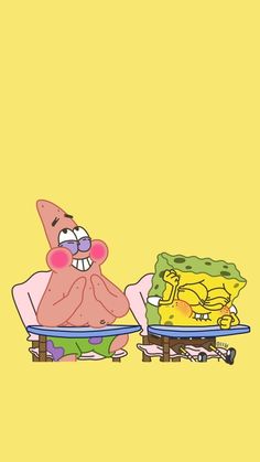 spongebob sitting in a chair with his mouth open and another cartoon character standing next to him