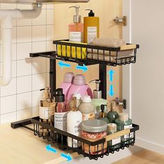 a bathroom shelf filled with lots of personal care items