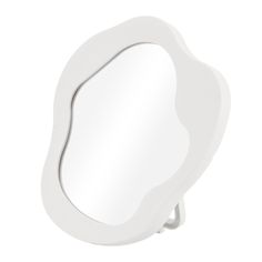 a white mirror with an oval shaped frame on the front and back sides, against a white background