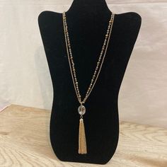 Gold Double Layered Chain Tassel Necklace With Gold And Silver Crystal. Length 24"/3" Chain Extension/ 4" Pendant Elegant Gold Layered Necklace With Silver Chain, Elegant Gold And Silver Layered Necklace, Metal Lariat Tassel Necklace With Adjustable Chain, Adjustable Metal Lariat Tassel Necklace, Elegant Lariat Necklace With Silver Chain And Gold Color, Multi-strand Gold Necklaces With Silver Chain, Gold Tassel Necklace With Adjustable Chain, Gold Metal Dangle Tassel Necklace, Silver Metal Tassel Necklace With Adjustable Chain