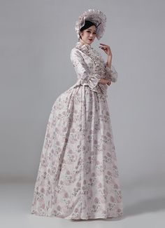 19th Century Champagne Floral Victorian Bustle Lolita Maid Dress Color:Champagne Floral  Material: This dress made of High Quality Satin, soft,smooth and comfortable to wear  Sleeve Length:  Three-quarter Sleeve  Dresses Length:Floor Length  Neckline:  V-Neck  Decoration: Ruffles + Lace  Package Includes:  Dress + Hat   The length of skirt about 45 inches (114 cm) long from waist to hem regardless of size. This dress is pictured with a 6-hoop skirt Petticoat underneath to achieve the look. Feminine Cream Maxi Dress With Ruffles, Feminine Cream Maxi Dress With Ruffle Hem, Elegant Victorian Dress For Summer Garden Party, Elegant Victorian Dress For Summer, Feminine Beige Maxi Dress With Ruffle Hem, Beige Feminine Maxi Dress With Ruffle Hem, Fitted Marie Antoinette Dress With Ruffles, Marie Antoinette Style Fitted Dress With Ruffles, Fitted Marie Antoinette Style Spring Dress