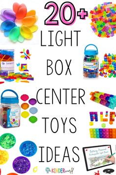 the words, 20 light box center toys ideas are in front of an image of balloons and