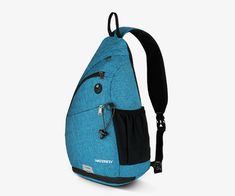 a blue backpack with black straps on the front and side pockets, attached to a shoulder strap