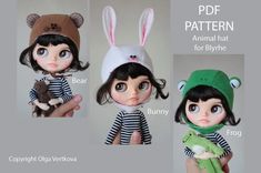 three pictures of dolls with different hats and clothes, one is holding a stuffed animal