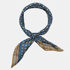 This neckerchief can effortlessly shift your style, whether you're going for a timelessly classic look or something a bit more rakish.The rich medallion pattern in terracotta with a touch of ochre on a Prussian blue background takes inspiration from the charm of Tuscany’s cobblestone streets.Crafted from luxurious silk twill—a must-have accessory for any man who appreciates refined elegance. Details The classic neckerchief size: Approx. 27" x 27" (70 x 70cm). A comfortably large size that fits m Blue Vintage Silk Scarf For Formal Occasions, Vintage Blue Silk Scarf For Formal Occasions, Elegant Blue Scarf With Bandana Print, Elegant Blue Bandana, Elegant Blue Scarf, Shades Of Terracotta, Cobblestone Streets, Prussian Blue, Medallion Pattern