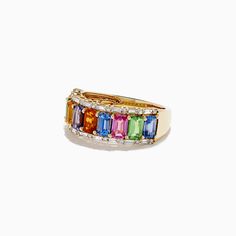 Effy Watercolors 14K Yellow Multi Sapphire and Diamond Ring Multicolor Emerald Cut Fine Jewelry Rings, Multicolor 14k Gold Diamond Ring For Anniversary, 14k Gold Multicolor Diamond Anniversary Ring, Anniversary 14k Gold Multicolor Diamond Ring, Multicolor Multi-stone Emerald Cut Rings, Multicolor Emerald Cut Multi-stone Rings, Multicolor Diamond Ring In 14k Gold, Multicolor Baguette Cut Ring For Anniversary, Multicolor Emerald Cut Gemstone Rings