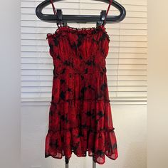 Red And Black Floral Print Spaghetti Strap Short Dress From Francesca’s Size Small Flirty Red Mini Dress With Adjustable Straps, Flirty Red Dress With Adjustable Straps, Red Fitted Sundress With Spaghetti Straps, Red Sundress With Spaghetti Straps For Party, Casual Red Mini Dress With Adjustable Straps, Red Casual Mini Dress With Spaghetti Straps, Casual Red Mini Dress With Spaghetti Straps, Teal Formal Dress, Black Dress Floral