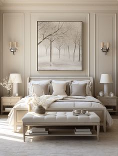 a white bed sitting under a painting in a bedroom