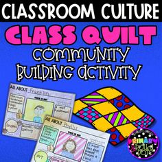 the classroom culture class quilt community building activity is displayed in front of a blue background