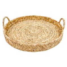 a round woven basket with handles on a white background, isolated for use as a serving tray