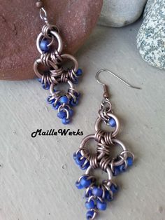 Bronze and Cobalt Chainmaille Earrings, Anodized Aluminum Chainmaille Earrings, Modern Earrings, Art Jewelry, Chain Mail Earrings by MailleWerks on Etsy Chain Mail Earrings, Scale Maille, Chainmaille Earrings, Blue Chandelier, Chainmaille Jewelry, Ren Fair, Chainmail Jewelry, Chain Maille Jewelry, Earrings Big