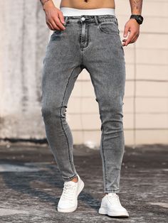 Grey  Collar  Denim Plain Skinny Embellished Medium Stretch  Men Clothing Jeans Summer Outfit, Jeans Summer, Jeans Outfit Summer, Black Men Street Fashion, Men Street Fashion, Summer Outfits Men, Grey Jeans, Grey Denim, Jean Grey