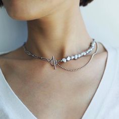 Pretty Jewelry Necklaces, Silver Choker Necklace, Silver Pearl Necklace, Silver Choker, Pretty Jewelry, The Pearl, Pearl Grey, Toggle Clasp, Beads Necklace