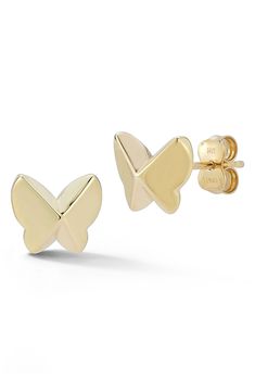 Elevate your everyday ensemble with butterfly-shaped studs crafted from polished 14-karat gold for added gleam. 0.27"W x 0.23"L Post back 14k-gold Made in Turkey 14k Gold Butterfly Jewelry For Formal Occasions, Formal 14k Gold Butterfly Jewelry, Gold Earrings With Butterfly Charm For Formal Events, Gold Earrings With Butterfly Charm For Formal Occasion, Butterfly-shaped Yellow Gold Earrings For Anniversary, 14k Gold Butterfly Earrings For Anniversary, Yellow Gold Butterfly Earrings For Anniversary, Butterfly-shaped Yellow Gold Anniversary Earrings, Yellow Gold Butterfly Jewelry With Piercing