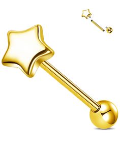 a golden metal ball and star shaped barbell