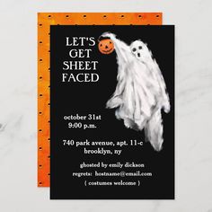 an orange and black halloween party card with a ghost holding a jack - o'- lantern