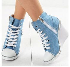 Ok, ummm.. These are kinda COOL!! Denim Sneakers, Prom Shoes, Wedge Sneakers, Pretty Shoes, Pastel Goth, Sneaker Heels, Womens Shoes Wedges