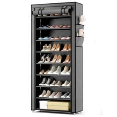 the shoe rack has many pairs of shoes on it and is open to show all kinds of