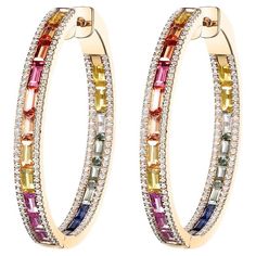 14K Yellow Gold Rainbow Sapphire 6.24 carats White Round Diamonds 1.36 carats White Sapphire Earrings, Rainbow Sapphires, Classy Jewelry, Rainbow Earrings, Colorful Jewelry, Diamond Hoop Earrings, Sapphire Earrings, Cartier Love Bracelet, Baguette Diamond