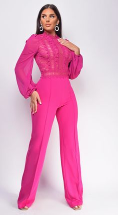 Nerine Magenta Pink Crochet Lace Mesh Jumpsuit – Emprada Black Sequin Jumpsuit, Mesh Jumpsuit, Stretch Jumpsuit, Organza Sleeves, Sequin Jumpsuit, Pink Crochet, Magenta Pink, Long Jumpsuits, Jumpsuit With Sleeves