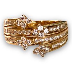 "Gorgeous 14K Yellow Gold 1.60 CTW DIAMOND Flower Band Ring  Sz 6.75 This GORGEOUS ring is crafted in 14k yellow gold with forty (40) - 02ct  and sixteen (16) - .05ct small round genuine diamonds set into the band. Ring face approximately 1/2\" wide! Approximately G/H color SI Clarity 1.60 CTW! Weighs 4.6 grams Beautiful condition! Will ship FAST and FREE, fully insured and gift boxed :)" Gold Cluster Diamond Ring In 14k, Classic Yellow Gold Cluster Flower Ring, Gold Cluster Flower Ring With Prong Setting, Yellow Gold Flower Ring With 17 Jewels For Anniversary, Gold Cluster Ring With Flower Shape And Prong Setting, Gold Cluster Flower Ring For Formal Occasions, Gold Cluster Flower Ring For Formal Events, Gold Flower-shaped Diamond Ring For Formal Occasions, Gold Diamond Flower Ring For Anniversary