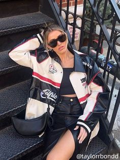 Motorcycle Jacket For Women, Race Leather Jacket, Race Car Leather Jacket, Aelfric Eden Jacket, Racing Jackets Outfit, Racing Style Outfits, Motorcycle Jacket Outfits For Women, Aelfric Eden Outfit