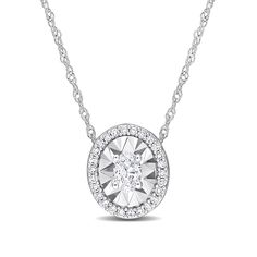 Express your sophisticated style with this always chic oval-shaped diamond frame pendant in white gold. Crafted in 14K white gold The 1/6 ct. oval-shaped center diamond sparkles in a diamond halo. This 1/4 ct. t.w. diamond pendant suspends along a 17.0-inch Singapore chain that secures with a spring-ring clasp. Oval White Diamond Necklace, Oval White Diamond Necklace With Accents, White Oval Diamond Necklace With Accents, Classic Oval Diamond Necklace With Halo Setting, White Oval Diamond Necklace With Single Cut Diamonds, White Diamond Necklace With Oval Shape For Anniversary, White Diamond Necklace With Oval Pendant Accents, Oval White Gold Diamond Necklace With Halo Setting, Oval Halo Diamond Necklace In White Gold