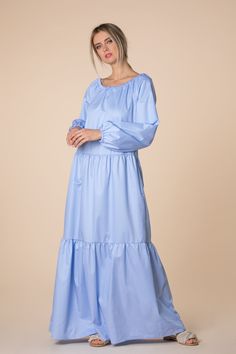 Sky Blue Dress, Blue Maxi Dress, Sky Blue Maternity Dress, Loose Maxi Dress, Boho Dress, Ruffle Dress, Long Sleeve Dress, Plus Size Dress 🍒 This beautiful Sky Blue maxi dress is cut in lovely soft summer poplin fabric which makes its look unique, elegant and stylish. The maxi frame gives the dress the comfy fit we all need. Cut for an oversized fit, it drapes from the shoulders and moves elegantly as you walk. This long sleeve dress is a nice choice for plus size clothing and maternity dress! E Blue Long Sleeve Maxi Dress With Ruffles, Light Blue Ruffled Maxi Dress For Daywear, Light Blue Long Sleeve Maxi Dress With Ruffles, Blue Ruffle Hem Dress For Daywear, Blue Ruffle Hem Dress For Brunch, Blue Daywear Dress With Ruffle Hem, Blue Modest Midi Dress For Brunch, Modest Blue Midi Dress For Brunch, Light Blue Maxi Dress With Ruffle Hem