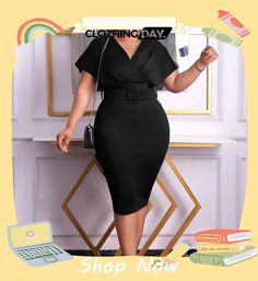 African Plus Size Women's Fashion Slim Fit V-neck Chic Office Dress