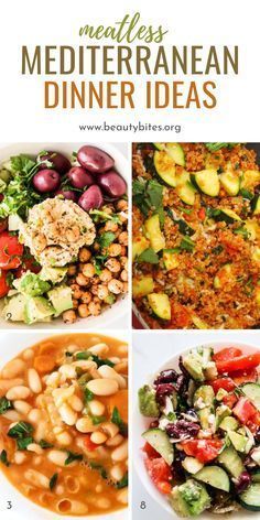 four pictures with different types of food and the words mediteranen dinner ideas