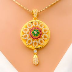 Festive Open Flower 22k Gold CZ Pendant Set Gold Dazzling Flower Pendant Jewelry, Gold Dazzling Flower Pendant, Dazzling Gold Flower Pendant Jewelry, Dazzling Gold Flower Pendant, Open Flower, Earring Post, Cz Pendant, Gold Stone, 22k Gold