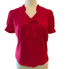 Maison Jules - Womens Red Blouse Size Xs. Nwt Beautiful Top, Perfect For Any Occasion, Dress Up Or Down. Ruffled Collar, Vneck With Bow Tie Neck. Banded Cuffs Short Sleeves, Lining, 100% Polyester. New With Tags. Smoke / Pet Free Home . Feminine Red V-neck Tops, Feminine Red Blouse For Work, Fitted Feminine Red Blouse, Red Feminine Short Sleeve Top, Feminine Red Short Sleeve Top, Red Formal Tops For Summer, Red Formal Summer Tops, Classic Red Spring Top, Classic Red Tops For Spring