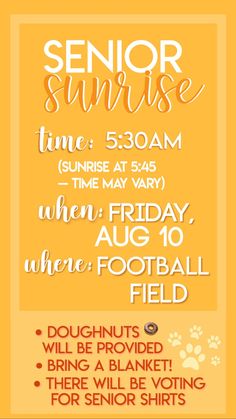 a poster with the words senior sunrise and an image of a dog's paw on it