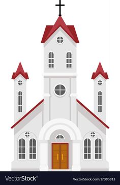 a white church with red roof and cross on the top is shown in this flat style