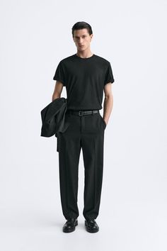 WIDE FIT PANTS - Black | ZARA United States Men Trousers Outfit, Black Pants Outfit Men, Black Dress Pants Outfits, Men Wide Leg Pants, Pleated Pants Outfit, Wide Fit Pants, Mens Pleated Pants, India Fashion Men, Full Black Outfit