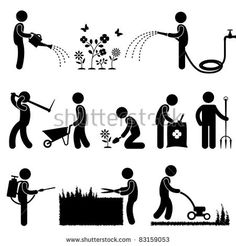 black and white silhouettes of people working in the garden, watering water from a hose