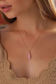 "Rose quartz is perhaps best known for being the stone of unconditional love. It's believed by some to emit a strong vibration of Love, Joy and Emotional Healing. Rose Quartz Necklace is the perfect layering piece or as a dainty stand-alone necklace! ♡ DAINTY ∙ ROSE QUARTZ ✓ ✓ Drop Cut Rose Quartz Stone ✓ 14k Gold - Rose Gold - White Gold Plated Top Bead Bail and Locker ♡ CHAIN ∙ SIZE ∙ GUIDE ✣ ✣ 14\" NECKLACE: Fits most like a choker ✣ 16\" NECKLACE: Falls perfectly around the base of the neck Pink Spiritual Crystal Necklaces, Rose Quartz Healing Necklace, Elegant Rose Gold Crystal Necklace For Healing, Rose Gemstone Jewelry As A Gift, Rose Gemstone Jewelry For Gift, Delicate Gemstone Necklace For Valentine's Day, Feminine Teardrop Pendant Necklace For Gift, Pink Rose Quartz Birthstone Necklaces, Pink Rose Quartz Birthstone Necklace