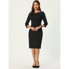 This dress can be a perfect addition to almost any outfit from formal to daily wear, great for work, meeting, office, businesses, work, party, cocktail, wedding, casual, daily dressing, etc. Pair with delicate necklace and heels for a chic office look. Comfortable and classic, this sheath dress is perfect on its own or as a layer under a blazer or jacket. Elegant Workwear Dress, 3/4 Length, Elegant 3/4 Length Workwear Dresses, Elegant 3/4 Length Dress For Work, Elegant 3/4 Length Work Dress, Elegant 3/4 Length Dress, Half Sleeve Midi Dress For Formal Occasions, Elegant Solid Color Half Sleeve Midi Dress, Solid Color Office Dress With 3/4 Sleeve, Elegant Solid Color 3/4 Length Dress