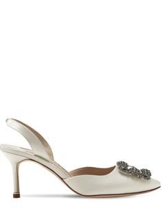 Manolo Blahnik - 70mm hangisli satin sling back pumps - Ivory | Luisaviaroma Chic Evening Satin Slingback Pumps, Satin High Heel Slingback Pumps, Elegant Satin Slingback Pumps With Pointed Toe, Elegant Satin Slingback High Heel Pumps, Elegant Satin High Heel Slingback Pumps, Evening Satin Slingback Pumps, Formal Satin Slingback Heels, Satin Slingback Pumps For Evening, Blue Shoes Women