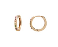 Exuding a classic bohemian elegance, these Celine Daoust hoops offer a hint of sparkle and rainbow color to any look. The 14K yellow gold hoop is set with ruby, amethyst, sapphire, citrine and aquamarine. They connect to 14K yellow gold latch backs to create a pair of perfectly easy-to-wear huggies. 14K yellow gold hoop : about 3/8" diameter 14K yellow gold hoop width : 1.5mm rainbow gems : 1mm diameter each14K yellow gold latch back closure Luxury Small Hoop Enamel Earrings, Gold Hoop Earrings With Gemstone Accents, Luxury Gold Hoop Earrings With Multi-stone, Luxury Gold Multi-stone Hoop Earrings, Yellow Gold Hoop Earrings With Birthstone, Gold Multi-stone Hoop Earrings, Small 14k Gold Hoop Earrings With Gemstones, Yellow Gold Multi-stone Hoop Earrings Fine Jewelry, Yellow Gold Multi-stone Hoop Earrings