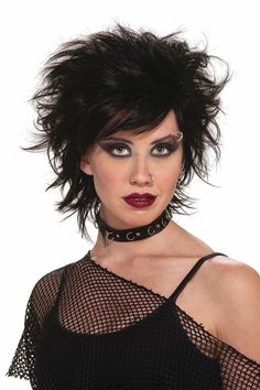 80's Punk Rock Vixen Black Costume Adult Wig Edgy Black Costume Accessories For Alternative Fashion, Edgy Black Accessories For Alternative Fashion, Punk Costume Accessories For Costume Party, Edgy Halloween Cosplay Costume Accessories, Edgy Costume Accessories For Halloween Cosplay, Edgy Black Costume Accessories For Costume Party, 80s Rocker Makeup, 80s Rocker Chick, 80s Punk Rock