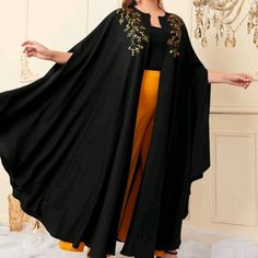 Plus Sz Black Najma W/Gold Trim Floral Print Split Sleeve Abaya 100% Polyester