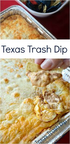 two pictures showing different types of casserole in pans with the words texas trash dip