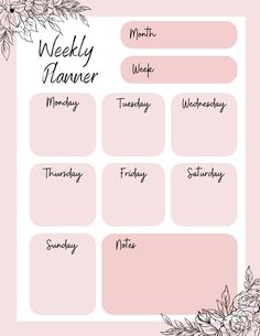 the weekly planner is shown with flowers and leaves on pink background, in black and white