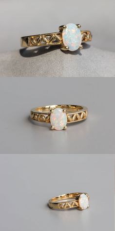 three different views of an opal ring