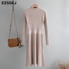 FREE SHIPPING Women Turtleneck Slim Long Sweater Dress L0253 Beige Knee-length Long Sleeve Dress, Fitted Beige Long Sleeve Dress For Winter, Fitted Long Sleeve Beige Dress For Winter, Casual Winter Dresses With Stand Collar, Fitted Midi Dress With Stand Collar For Fall, Fitted Stand Collar Dress For Fall, Fitted Stand Collar Dresses For Fall, Casual Fall Dresses With Stand Collar, Casual Fitted Dress With Stand Collar